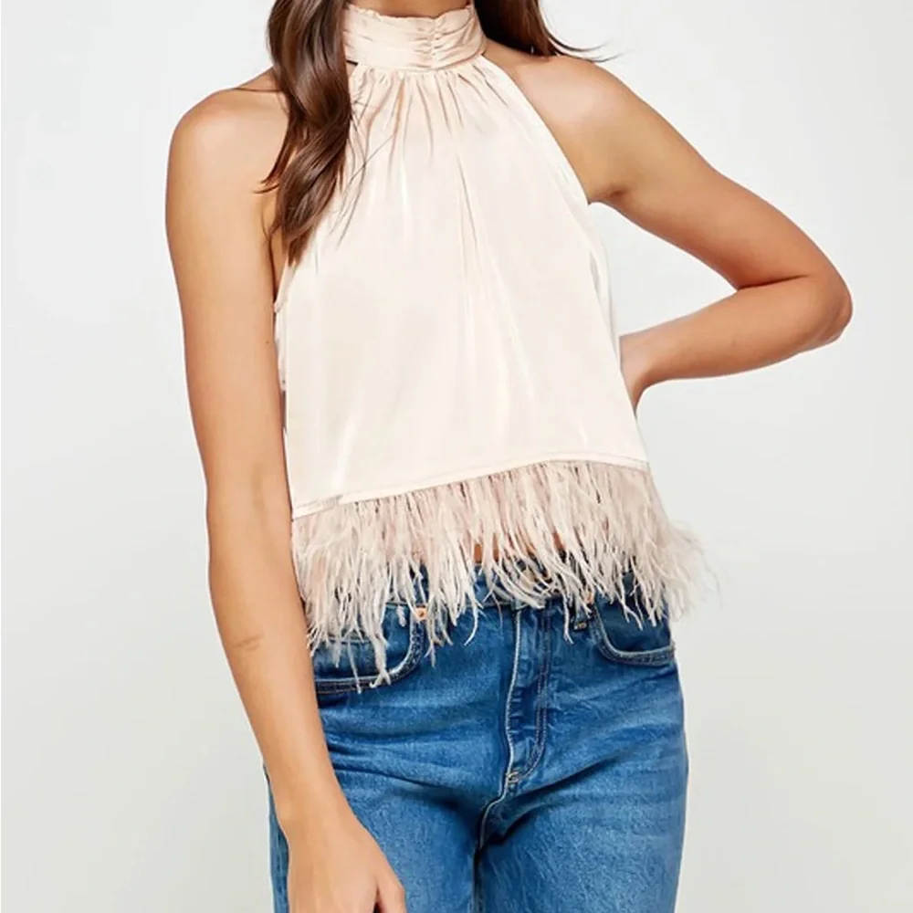 Strut & Bolt | Blush Pink Halter Top with Feather Detail - Picture 2 of 12